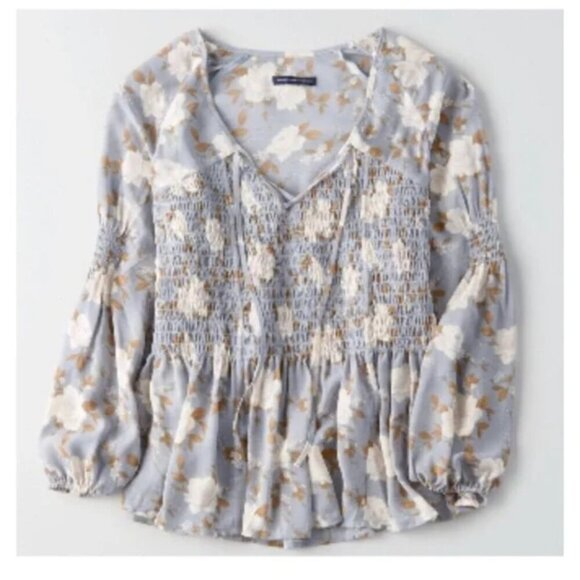 AMERICAN EAGLE Smocked Floral Blouse Blue Cream Ivory Long Sleeve Boho Peplum XS - Picture 4 of 15
